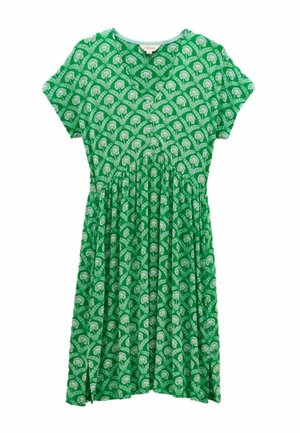Groene jurk met korte mouwen met wit bloemenpatroon, V-hals, getailleerd in de taille en een zoom tot op de knie.