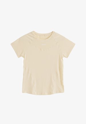 Hellbeiges, kurzärmeliges Sport-T-Shirt mit Rundhalsausschnitt und dezenten Nahtdetails, flach auf einem weißen Hintergrund liegend.