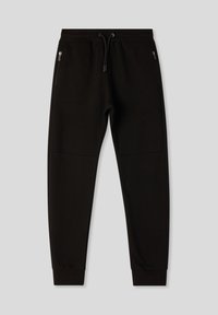 Czarne joggery wykonane z miękkiego materiału, z elastycznym pasem, regulowanym sznurkiem i zamki błyskawicznymi w bocznych kieszeniach. Żebrowane mankiety przy kostkach.