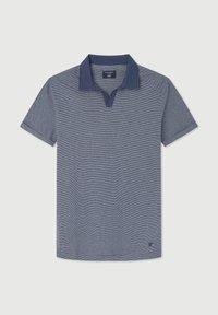 Granatowa koszulka polo slim-fit z delikatnymi poziomymi białymi paskami, krótkimi rękawami i jednolitym ciemnoniebieskim kołnierzykiem.