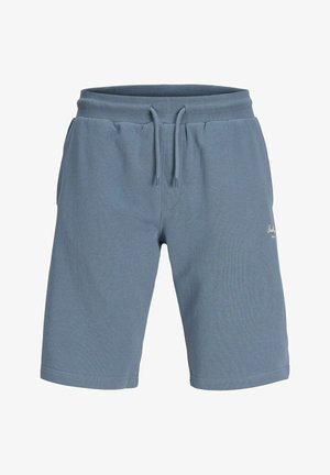 Sinised vabaajapüksid, millel on elastne vöökoht ja ees nöörid, küljetaskud ning väikene brändi logo paremal reiel.