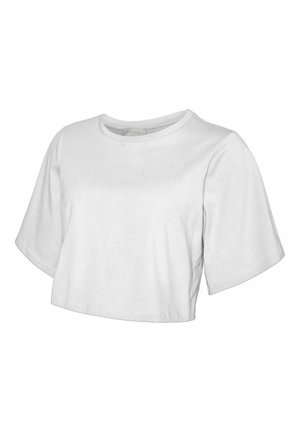 T-shirt blanc court en coton, avec un col rond et des manches courtes, présentant une texture lisse et sans motifs ni accents visibles.