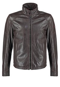 Brun läderjacka med hög krage, dragkedjestängning och sidfickor. Slät textur med minimala sömnadsdetaljer.