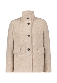 Beżowy, teksturowany płaszcz z polaru z kołnierzem stójkowym, zapięciem na guziki z przodu oraz dwoma naszytymi kieszeniami. Charakteryzuje się pudełkowym fasonem i miękkim wyglądem.