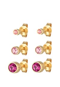 Guldtonade clip-on örhängen med rosa och mörkrosa kristaller. Finns i olika storlekar, med slät metallbaksida och detaljerat hantverk synligt.