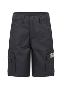 Pantaloni cargo neri realizzati in cotone con una superficie liscia, dotati di tasche laterali, chiusura frontale con bottone e un'etichetta tessuta sul lato.