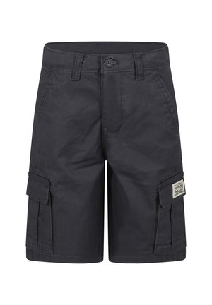 Pantaloni cargo neri realizzati in cotone con una superficie liscia, dotati di tasche laterali, chiusura frontale con bottone e un'etichetta tessuta sul lato.
