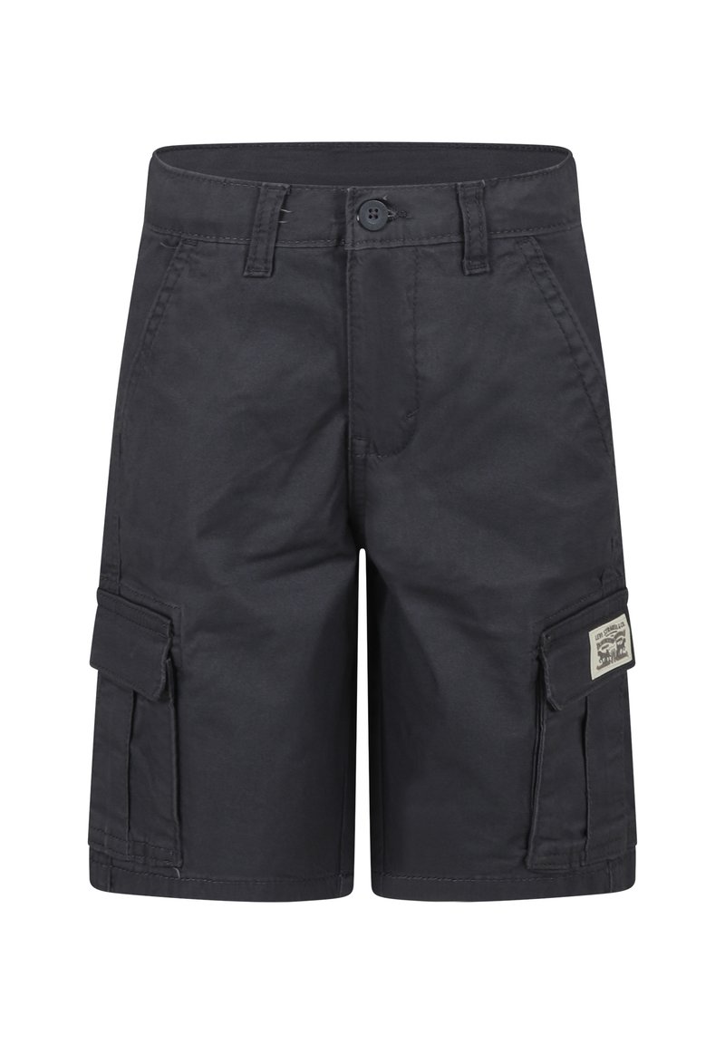 Pantaloni cargo neri realizzati in cotone con una superficie liscia, dotati di tasche laterali, chiusura frontale con bottone e un'etichetta tessuta sul lato.