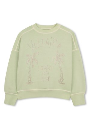 Lichtgroene sweatshirt met palmboom van strass-steentjes en de tekst "VolTAiRE" en "HEART ON FIRE" aan de voorkant.