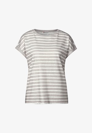 Harmaa ja valkoinen raidallinen lyhythihainen T-paita, pyöreä pääntie, pehmeä puuvillamateriaali, rento istuvuus, näkyvät ompeleet ja kääntyneet hihansuut.