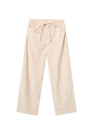 Pantalones de pana anchos en color beige con un patrón de ripples texturizado, que cuentan con una cintura con cordón y bolsillos laterales.