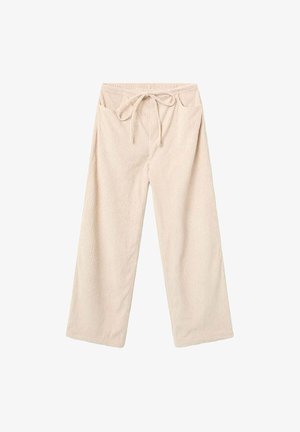 Pantalones de pana anchos en color beige con un patrón de ripples texturizado, que cuentan con una cintura con cordón y bolsillos laterales.