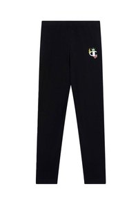 Leggings negros hechos de una tela elástica, con un pequeño logotipo colorido en la pierna izquierda que presenta una corona y acentos florales.