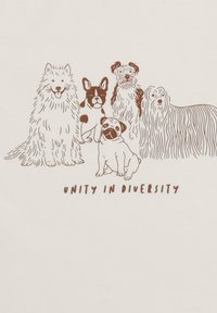 Illustration von fünf Hunden mit verschiedenen Felltexturen und Farben, darunter ein wuscheliger weißer Hund, ein Mops und weitere. Der Text darunter lautet "EINHEIT IN VIELFALT."