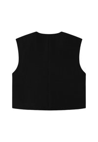 Svart ärmlös väst med en minimalistisk design, som har en rak skärning och slät yta. Ingen synlig hårdvara eller detaljer.
