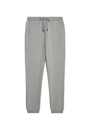Pantaloni jogger grigi, svasati, realizzati in morbido tessuto misto cotone. Presentano una vita elasticizzata con cordoncino e tasche laterali.