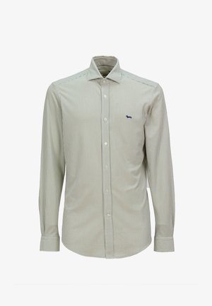 Langarmshirt met een button-down kraag, voorzien van verticale groene en witte strepen, en een klein blauw logo op de borst.