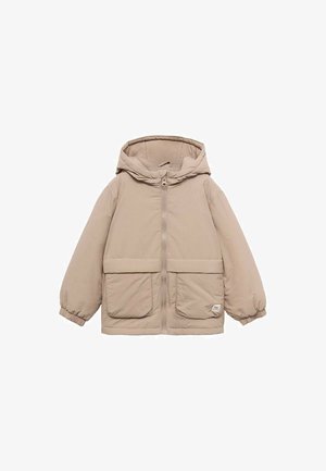 Beige puffer jacket with a hood, front zipper, and elastic cuffs. Features two large front pockets and a small branded patch on the side.