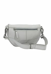 Borsa a vita in pelle grigia chiara con tracolla regolabile, tasca con cerniera frontale e ganci in metallo argentato su sfondo bianco.