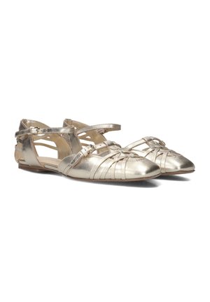 Metalen gouden ballerina's met kruislings straps, spitse neuzen en platte zolen. Beschikt over textuurleer en een minimalistisch ontwerp.