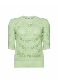 Jasnozielony sweter robiony na drutach o teksturowanym, otwartym splocie. Posiada krótkie rękawy i okrągły dekolt. Prosty, dopasowany fason z ściągaczami przy rękawach.