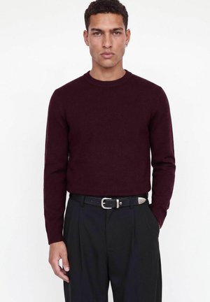Jeune homme aux cheveux courts et bouclés portant un pull bordeaux foncé à manches longues et un pantalon noir avec une ceinture noire, debout devant un fond uni.