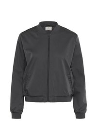 Veste bomber gris foncé avec fermeture éclair avant, col, poignets et ourlet côtelés, et deux poches latérales inclinées.