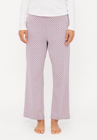 Lätta pyjamasbyxor i en rosa tyg med ett geometriskt mönster i blått och vitt, med en avslappnad, utställd design och resårmidja.