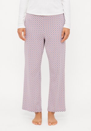 Lette pysjamasbukser i rosa stoff med et geometrisk blått og hvitt mønster, med et avslappet, flagrende design og elastisk midjebånd.
