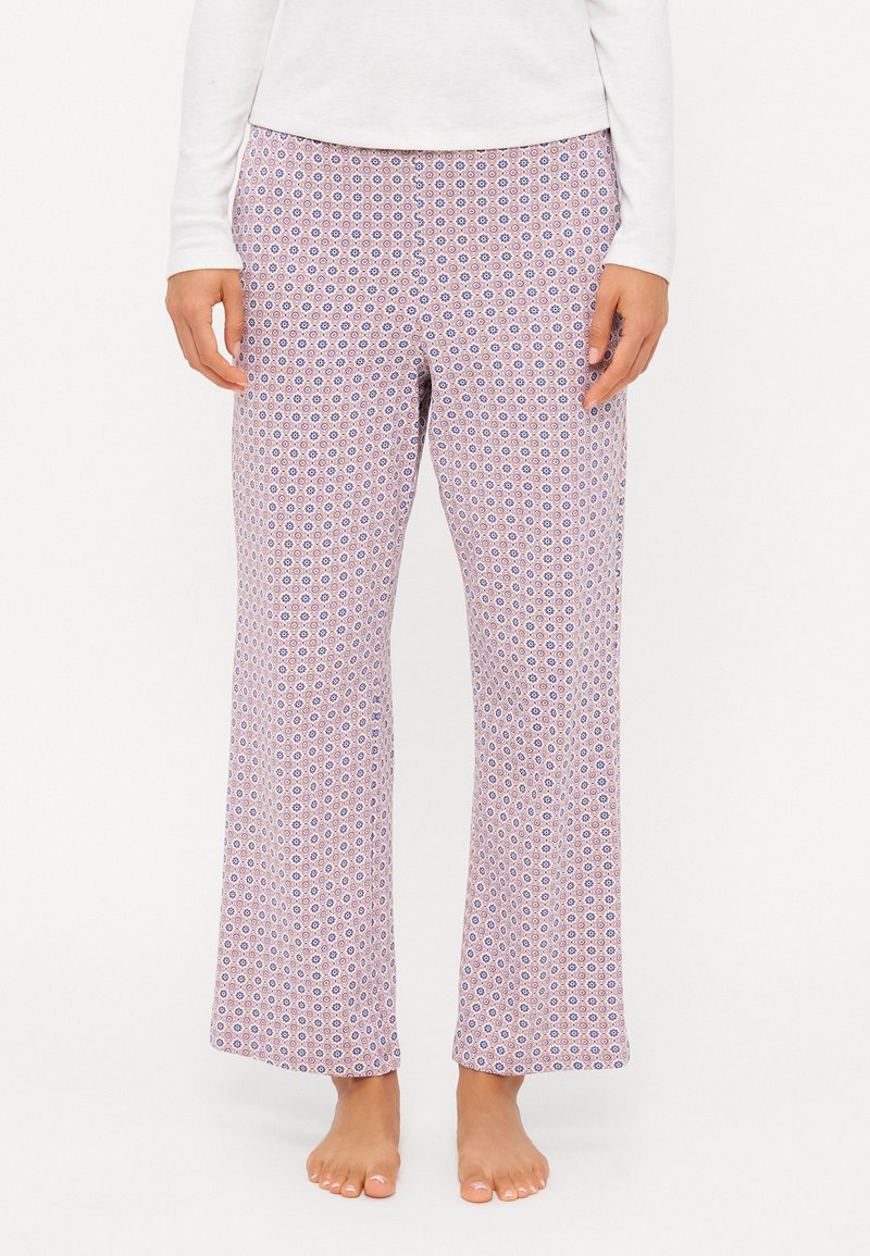 Lätta pyjamasbyxor i en rosa tyg med ett geometriskt mönster i blått och vitt, med en avslappnad, utställd design och resårmidja.