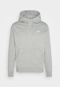 Light gray zip-up hoodie made of soft fabric. Features a hood, front pockets, and a small white Nike logo on the left chest.