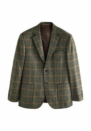 Brown and green plaid blazer with two buttons, notched lapels, and side pockets; textured fabric with a smooth inner lining.