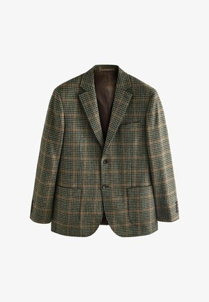 Brown and green plaid blazer with two buttons, notched lapels, and side pockets; textured fabric with a smooth inner lining.