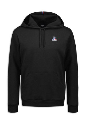 Sudadera negra con un bolsillo frontal, capucha con cordón y logotipo bordado. Presenta un acento tricolor en el interior del cuello. Tejido suave.