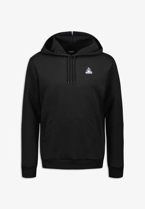 Sudadera negra con un bolsillo frontal, capucha con cordón y logotipo bordado. Presenta un acento tricolor en el interior del cuello. Tejido suave.