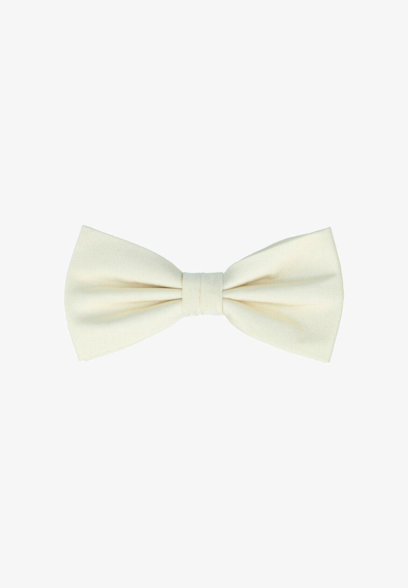 Ecrufarbene Fliege aus strukturiertem Stoff, mit einem klassischen Zwei-Schleifen-Design und einem zentralen Raffdetail.