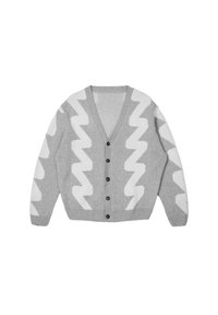 Gray cardigan with white zigzag pattern, V-neck, ribbed cuffs and hem, and six black buttons down the front. Knit texture.