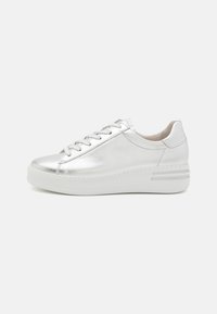 Silver metallic sneaker with a round toe, lace-up front, and a thick white sole. Smooth texture with minimal stitching and subtle design accents.