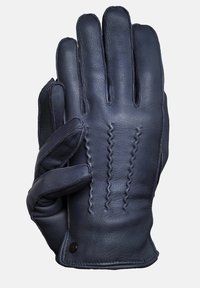 Mornarska kožna rukavica s glatkom teksturom, pet prstiju i detaljima šivanja na leđima. Ima mali metalni ukras blizu zapešća.