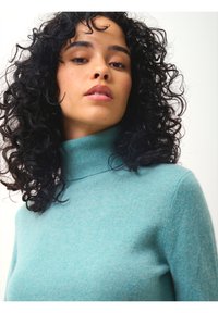 Türkiser Rollkragenpullover aus einem weichen, strukturierten Material. Hat ein figurbetontes Design mit geripptem Kragen und dezentem Strickmuster.