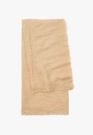 Beżowy dziany szal o miękkiej fakturze, z rozsypanymi srebrnymi koralikami i postrzępionymi brzegami dla dodatkowego akcentu.