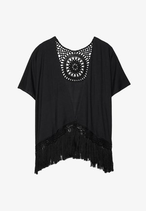 Juodas trumpas viršus, turintis nertinį apvalų dizainą ant kaklo ir franžą prie apatinės dalies. Pagamintas iš lengvos medžiagos.