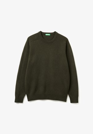 Dunkelgrüner Strickpullover mit Rundhalsausschnitt, gerippten Bündchen und Saum. Glatte Textur und klassischer Schnitt mit Raglanärmeln.