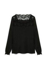 Maglietta nera a maniche lunghe con dettagli in pizzo su scollatura e polsini, realizzata in un tessuto morbido e dalla vestibilità rilassata. Il motivo in pizzo è intricato.
