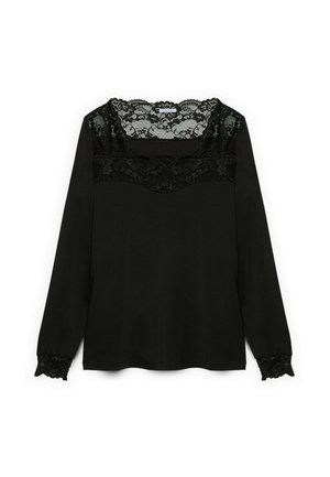 Zwart langslavend shirt met kantdetails bij de halslijn en manchetten, vervaardigd uit een gladde stof en met een relaxte fit. Het kantpatroon is ingewikkeld.