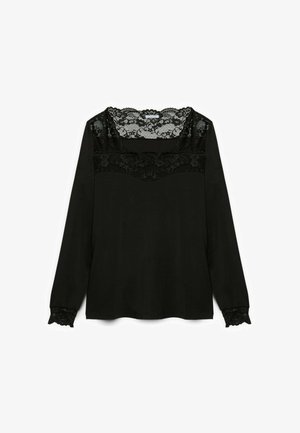 Maglietta nera a maniche lunghe con dettagli in pizzo su scollatura e polsini, realizzata in un tessuto morbido e dalla vestibilità rilassata. Il motivo in pizzo è intricato.