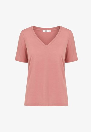 Różowa koszulka z krótkim rękawem i dekoltem w serek, wykonana z miękkiego materiału, o swobodnym kroju i minimalistycznym wzornictwie. Bez wzorów i dodatków.