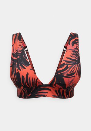 Haut de bikini à motif de feuilles tropicales rouges et noires avec bretelles réglables et décolleté en V profond sur fond blanc.