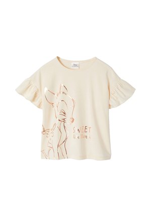 Kurzes Kinderhemd mit Rüschenärmeln aus cremefarbenem Stoff, mit metallischem Umriss von Bambi und dem Schriftzug "Sweet like Bambi."