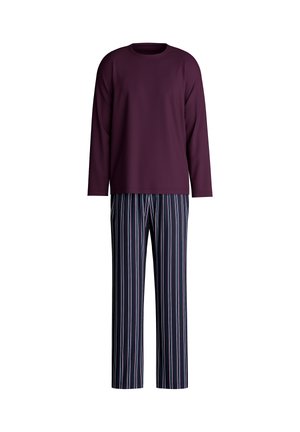 Haut à manches longues, de couleur violet foncé, associé à un pantalon rayé bleu marine et blanc. Matière douce, coupe décontractée, avec un col rond classique.